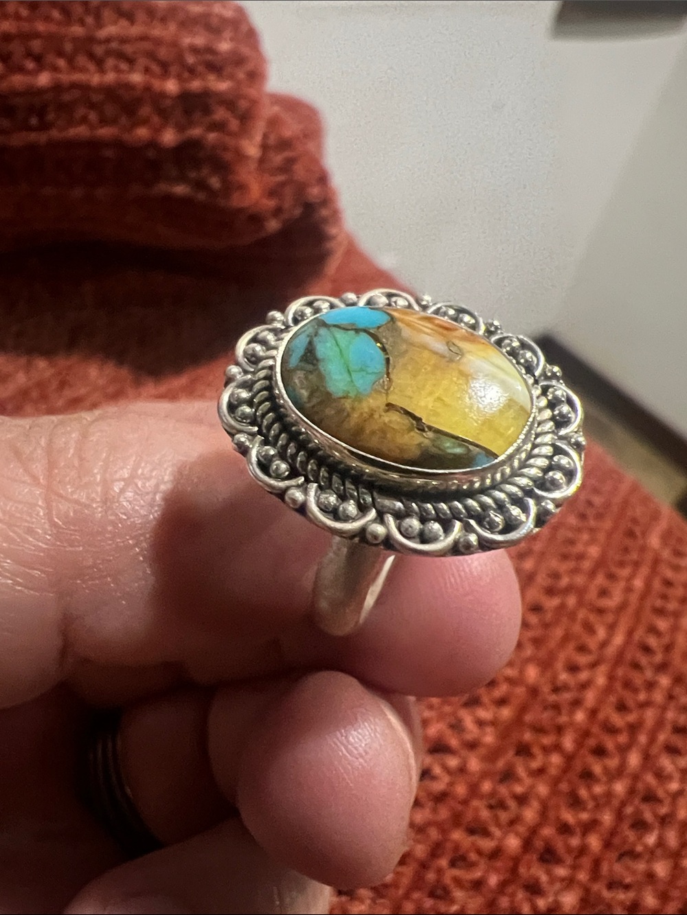 Handcrafted Sterling Silver Ring with Honey Dahlia Turquoise Stone
